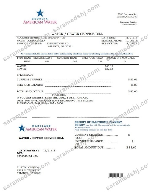 USA Maryland Georgia Water utility bill template in Word and PDF format (.doc and .pdf)